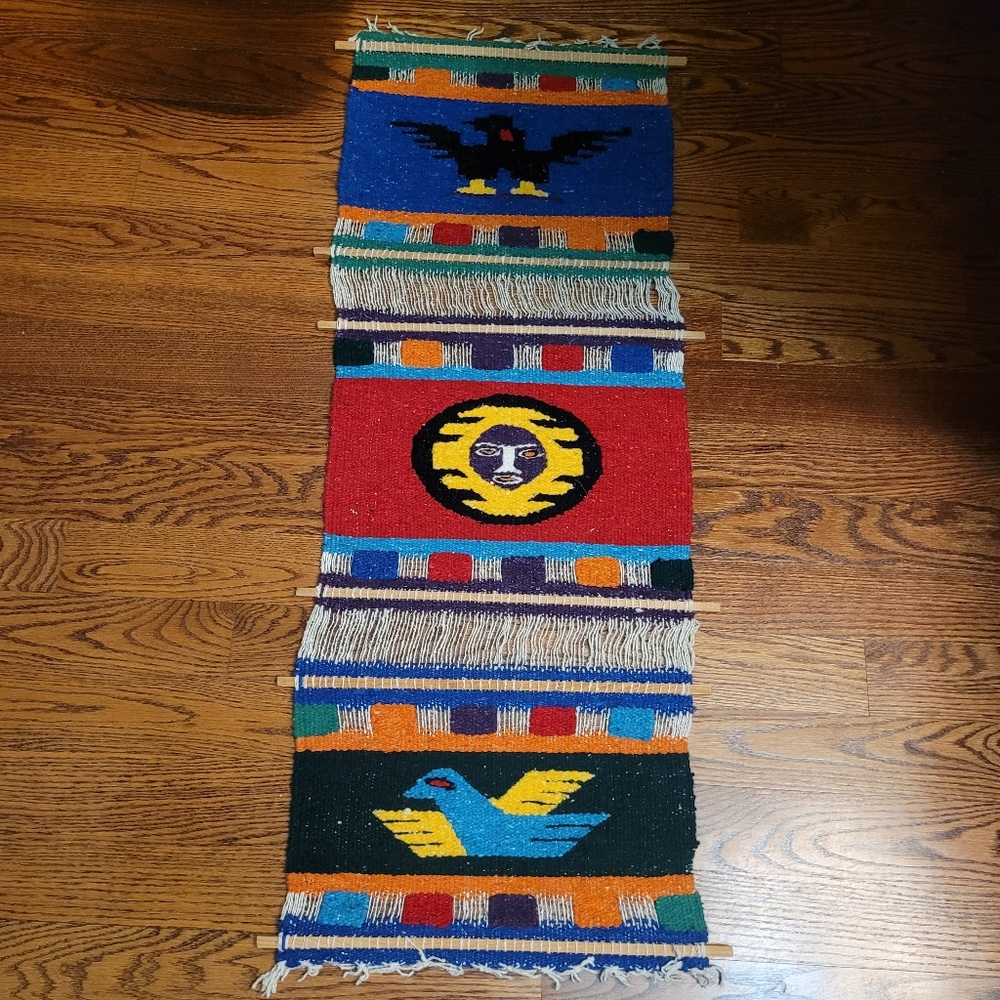 XL Vintage Handwoven Aztec Mayan Wall Tapestry Hanging Art Bird Sun God Boho